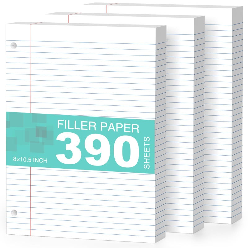 AILZFEI 3-Pack White Loose Leaf Paper 390 Sheets Filler Paper 8 * 10.5 College Ruled 3-Hole Punched for 3-Ring Binders Notebook Lined 8"" x 10.5"" - Image 1